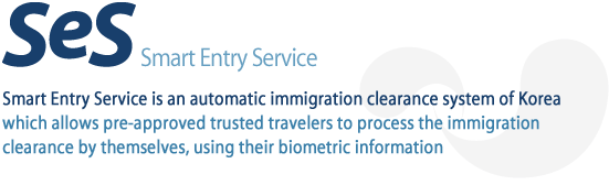 Smart Entry Service is a Korea Immigration Service program that pre-approved trusted travelers process the immigration clearance
by themselves, using their biometric information.